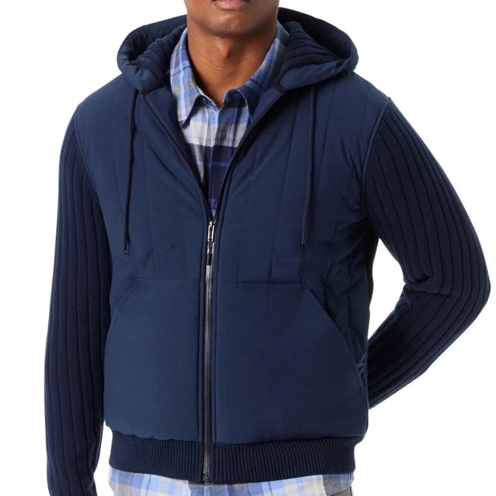 BASS OUTDOOR NWT NAVY Men's Mixed Media Zip-Front Hooded Sweater Jacket
